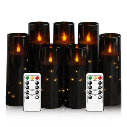 Eebuss Flameless Candles with Embedded Star String, Battery Operated LED Pillar Candles with Timer and Remote Control,Home Decorating for Ambiance， Set of 7(Black)