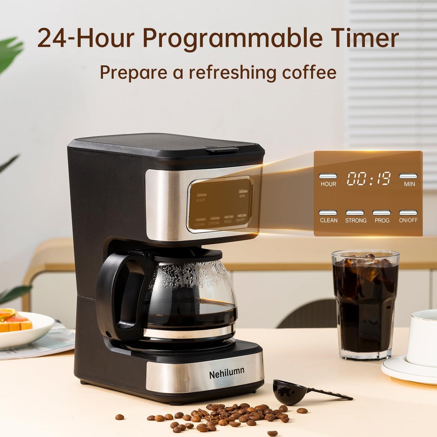 Nehilumn Single serve one cup drip coffee maker 14 oz,with personal travel cup,auto shut off function,Reusable Filter,Black and Silver