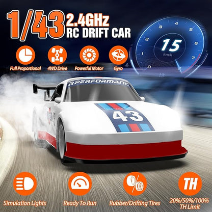 RC Drift car 1/43 Mini Rc Drift car with Gyroscope 2.4GHz Full Proportional Remote control Cars 4WD High Speed Racing with Lights Racing Tires Model Cars Gift for Adults Kids Boys Girls