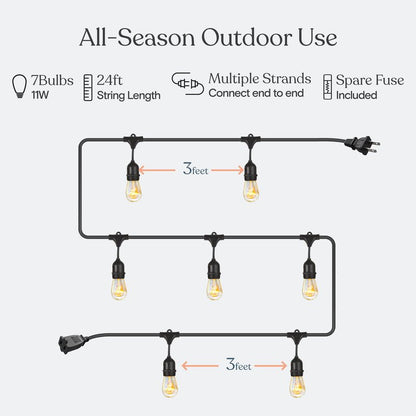 Brightech Ambience Pro Incandescent Outdoor String Lights - Commercial Grade Waterproof Patio Lights with 24 Ft Dimmable Edison Bulbs, Porch String Lights for Patio, Backyard, Christmas - 7 Bulbs 11W