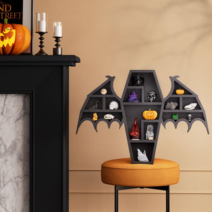 Qmetalart Coffin Shelf with Bat Wings, Wooden Gothic Decor for Display or Storage Rocks Mini Figures, Wall Hanging & Tabletop Crystal Display Shelf Gothic Home Decor