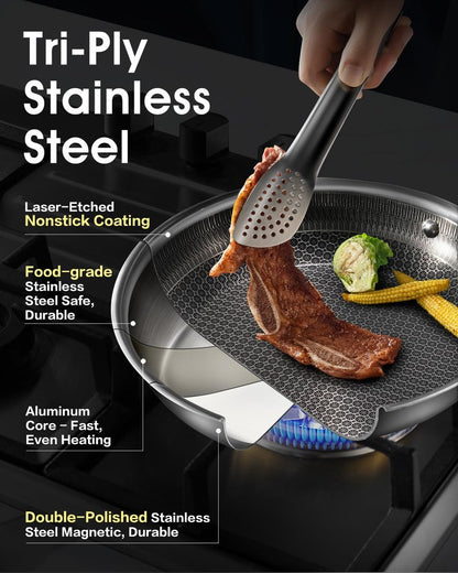 USELUCK Nonstick Frying Pans with Lid, 12-Inch Non Stick Skillet with Honeycomb Surface,Dishwasher-Friendly,Oven-Safe,Induction Compatible,PFAS-Free,Non-Toxic,Compatible with All Cooktops.