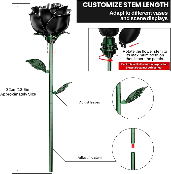 Black Rose Bouquet Building Set for Girls &amp Boys - 12 Pack Botanical Collection Gift for Easter Basket Artificial Flowers Botanical Collection Centerpiece Retro Decor