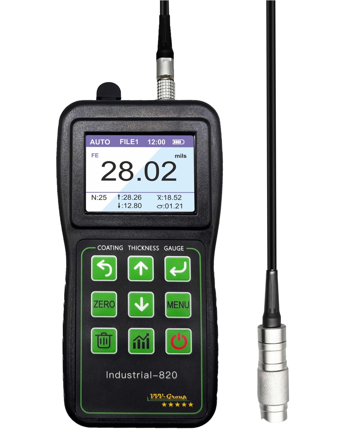 Coating Thickness Gauge Industrial-820 – 0–1500µm (0–59 mils) Dual F/N Probe, USB PC Data Export, 500 Data Groups, Statistics Mode, Alarm Limits, Industrial & Automotive Inspection