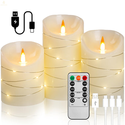haitanghua Rechargeable Flameless Candles Set of 3, Real Wax LED Pillar Candles with Flickering Flame & Fairy String Lights, USB Rechargeable, Remote Control & 2/4/6/8H Timer, Ivory