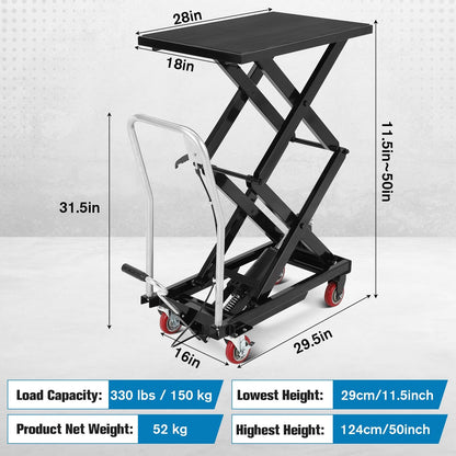 Hydraulic Lift Table Cart, 330lbs Capacity 50" Lifting Height Hydraulic Table Cart, Double Scissor Lift with Non-Slip Pad for Material Handling and Transportation, Black