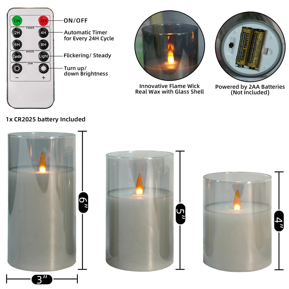NICEME Clear Glass Flameless Candles Battery Operated with Remote Timer, Real Wax LED Pillar Candles with Flickering Flame Pure White Radiance Evanescing Fake Candles for Wedding Home Decor, Set of 3