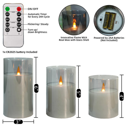 NICEME Clear Glass Flameless Candles Battery Operated with Remote Timer, Real Wax LED Pillar Candles with Flickering Flame Pure White Radiance Evanescing Fake Candles for Wedding Home Decor, Set of 3