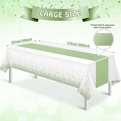 3Pcs White and Sage Green Tablecloth Decorations,Plastic White Table Cloth Printed Green Table Runner Disposable Rectangle Tables Cover for Birthday Wedding Anniversary Graduation Party,54 x108 Inch
