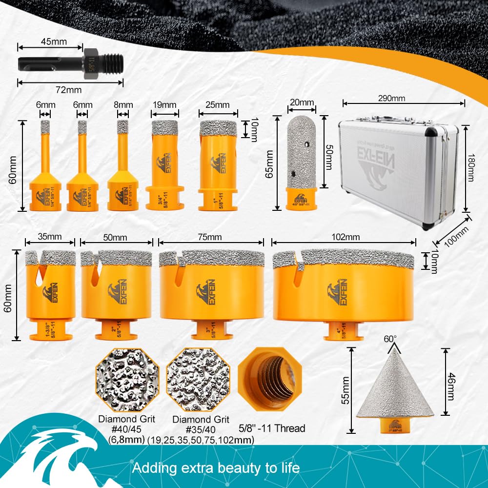 EXFEIN Diamond Tile Hole Saw Kit 12pcs and EXFEIN Masonry Diamond Drill Bits - 10pcs Concrete Diamond Hole Saw Set for Wood Plastic Brick Ceramic Tile Tip Carbide Drill Bit with Triangle Shank