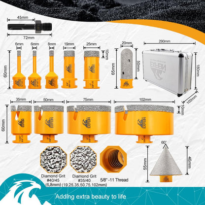 EXFEIN Diamond Tile Hole Saw Kit 12pcs and EXFEIN Masonry Diamond Drill Bits - 10pcs Concrete Diamond Hole Saw Set for Wood Plastic Brick Ceramic Tile Tip Carbide Drill Bit with Triangle Shank