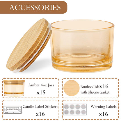 CONNOO 15 Pack 4 OZ Gold Amber Glass Candle Jars with Airtight Bamboo Lids for Making Candles, Bulk Small Wide Mouth Empty Candle Containers with Sticky Warning Labels - Dishwasher Safe, Champagne
