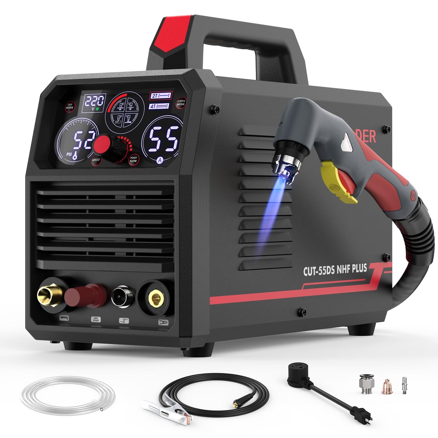 YESWELDER Multifunctional CUT-55DS NHF PLUS Plasma Cutter, Non-High Frequency Non-Touch Pilot Arc 4-In-1 Plasma Cutting Machine & 24Pcs Plasma Cutting Torch Consumables Set