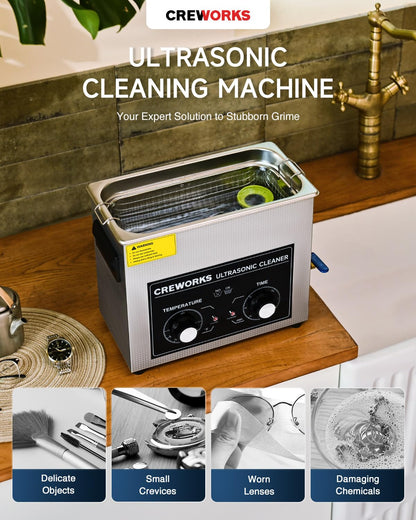 CREWORKS 6.5L Ultrasonic Cleaner with Knob, 1.7 gal 120W Professional Industrial Auto Cleaning Machine for Tools Watch Glasses Retainer Denture Parts, 40kHz Digital Heated Sonic Cavitation Cleaner