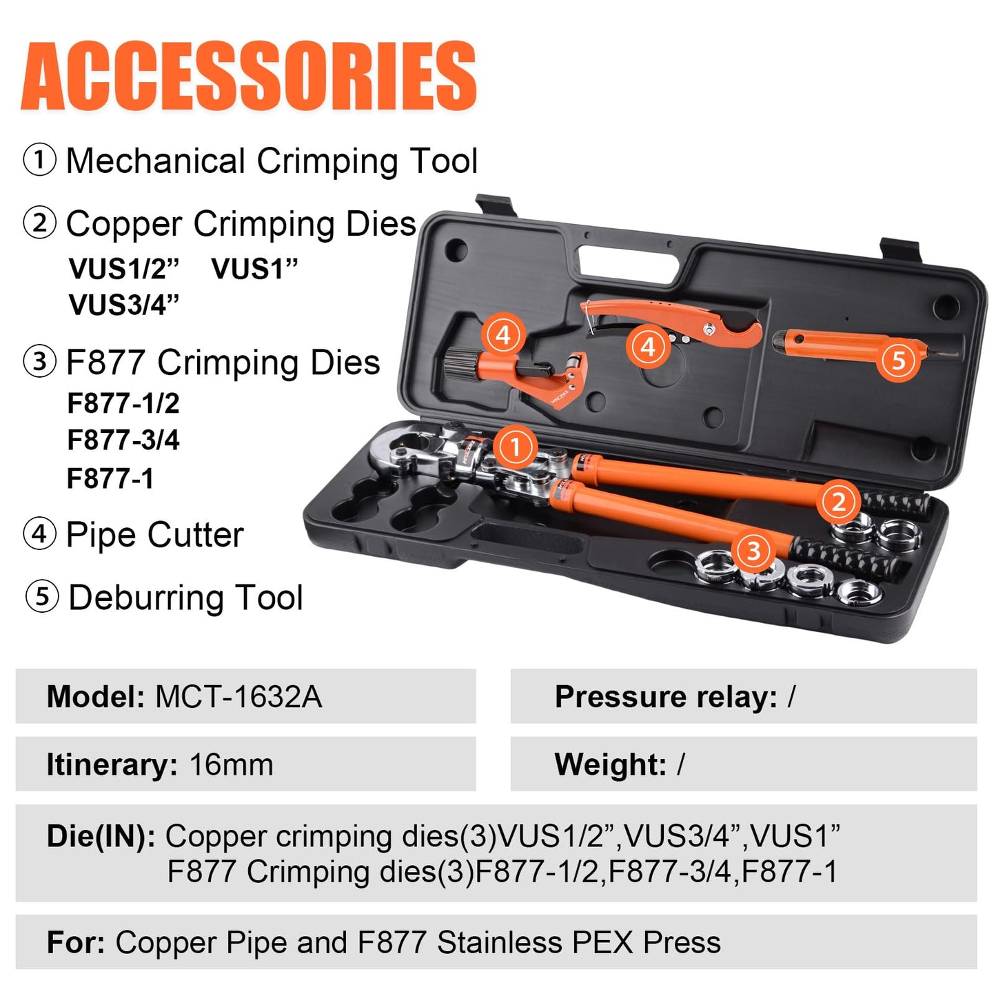 HZLZRZ Copper Pipe and F877 Stainless PEX Crimper Tool, 6-Die Pro Press Kit for 1/2" 3/4" 1" with Pipe Cutter, Dual-Use Handheld Crimping Tool for Plumbing (MCT-1632A)