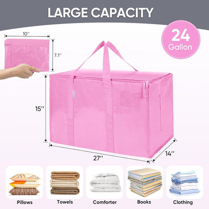 TICONN Extra Large Heavy-Duty Moving Bags - Durable Storage with Zippers & Handles | 6 Pack, Pink