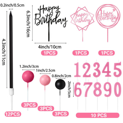 Yerliker 34 Pcs Happy Birthday Cake Toppers Decorations Birthday Candles DIY Cake Decor for Men Women Wedding Anniversary(Black Pink Rose Red)