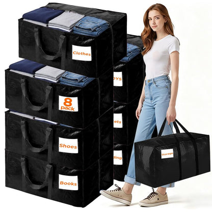 BETU 8 Pack Moving Bags Moving Storage College Dorm Camping Packing Travel PE Heavy Duty, Sturdy Handle, Zipper Large Storage Tote Bag Moving Boxes Box Alternative - Black 29L x 14W x 13H