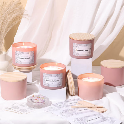 REISEN 6Pcs Assorted Pink Candle Jars for Making Candles, 12oz Empty Candle Jars with Bamboo Lids,Labels and 100g Crystal Rocks, Glass Jars for Candle Making Supplies, Candle Containers for DIY Gifts