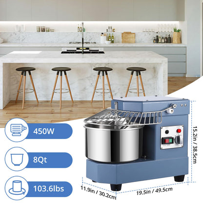 Commercial Dough Mixer, Garvee 8 QT Food Mixer 450W Dual Rotating Dough Kneading Machine with Stainless Steel Bowl, Stand Mixer with Safety Shield, 110V for Restaurant, Bakeries, Pizzeria