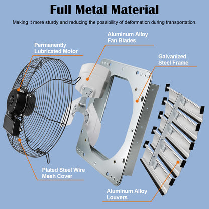 Hiorucet 20 Inch Shutter Exhaust Fan Wall Mounted, 3500CFM High Speed Low Noise Aluminum Louvered Exhaust Fan with 1.8m Power Cord for Greenhouse, Garage, Shop, Attics, Chicken Coop Ventilation Fan.