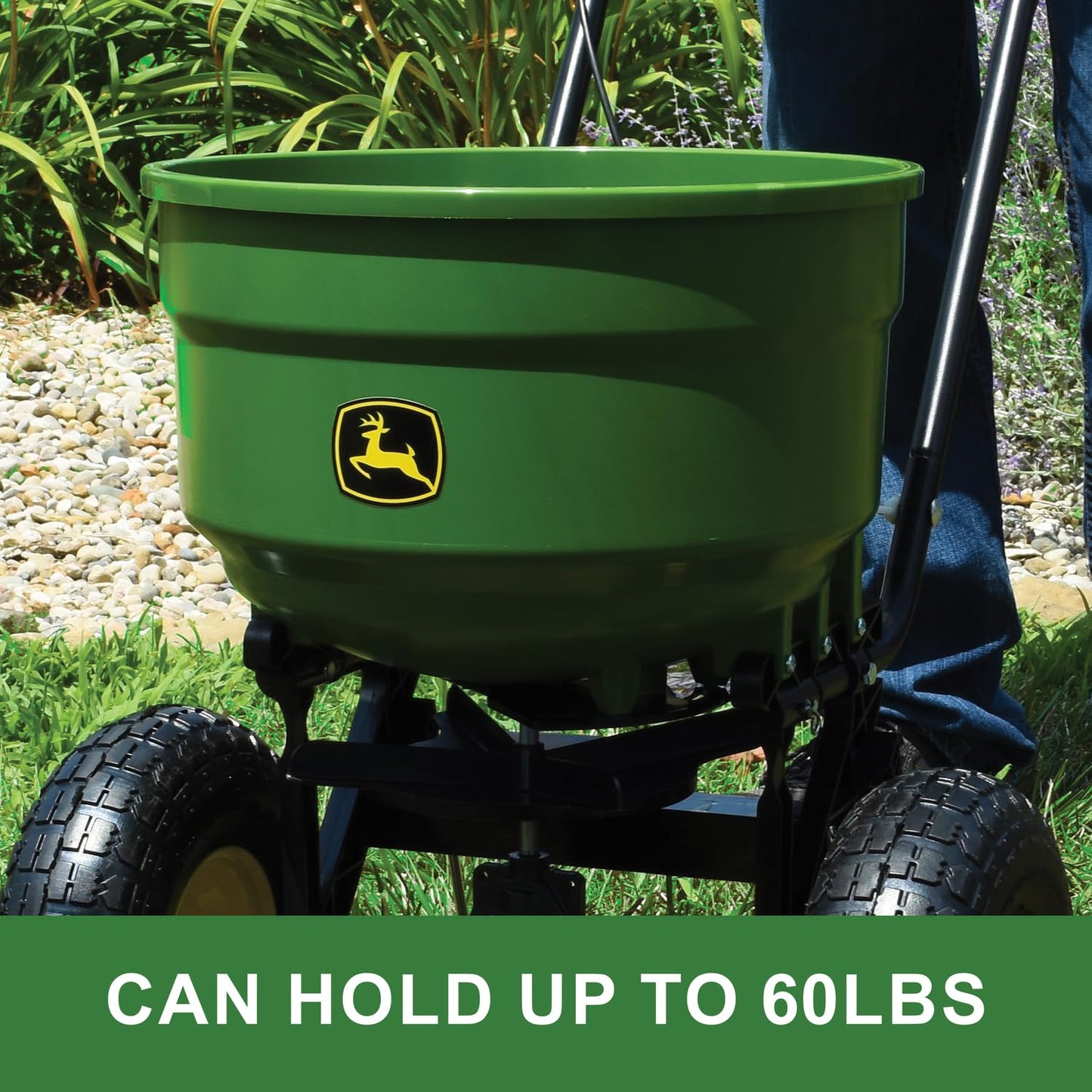 John Deere Push Broadcast Spreader for Seed, Fertilizer & Ice Melt, 60 lb Capacity Walk-Behind Lawn Spreader with Pneumatic Tires