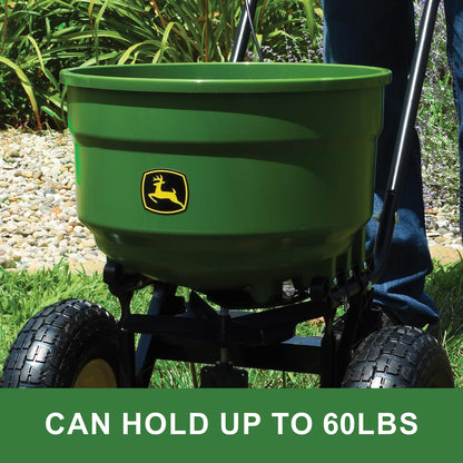 John Deere Push Broadcast Spreader for Seed, Fertilizer & Ice Melt, 60 lb Capacity Walk-Behind Lawn Spreader with Pneumatic Tires