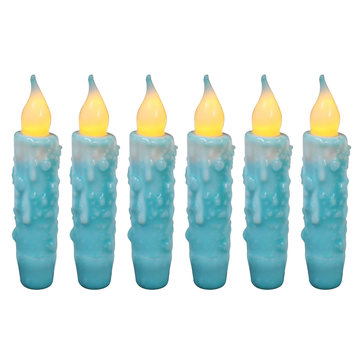 CVHOMEDECO. Real Wax Hand Dipped Battery Operated LED Timer Taper Candles Rustic Primitive Flameless Lights Decor, 4-3/4 Inch, Teal, 6 PCS in a Package