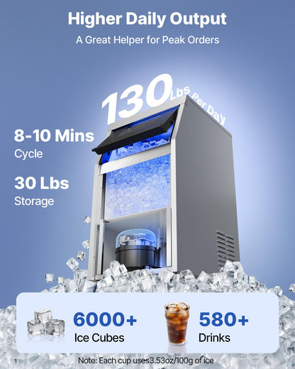 VEVOR Commercial Ice Maker Machine, 130 lbs/24h with 30 lbs Storage Capacity, Built-in/Freestanding/Under Counter, Stainless Steel Ice Maker with LED Display & Self-Cleaning, for Home Bar Restaurant