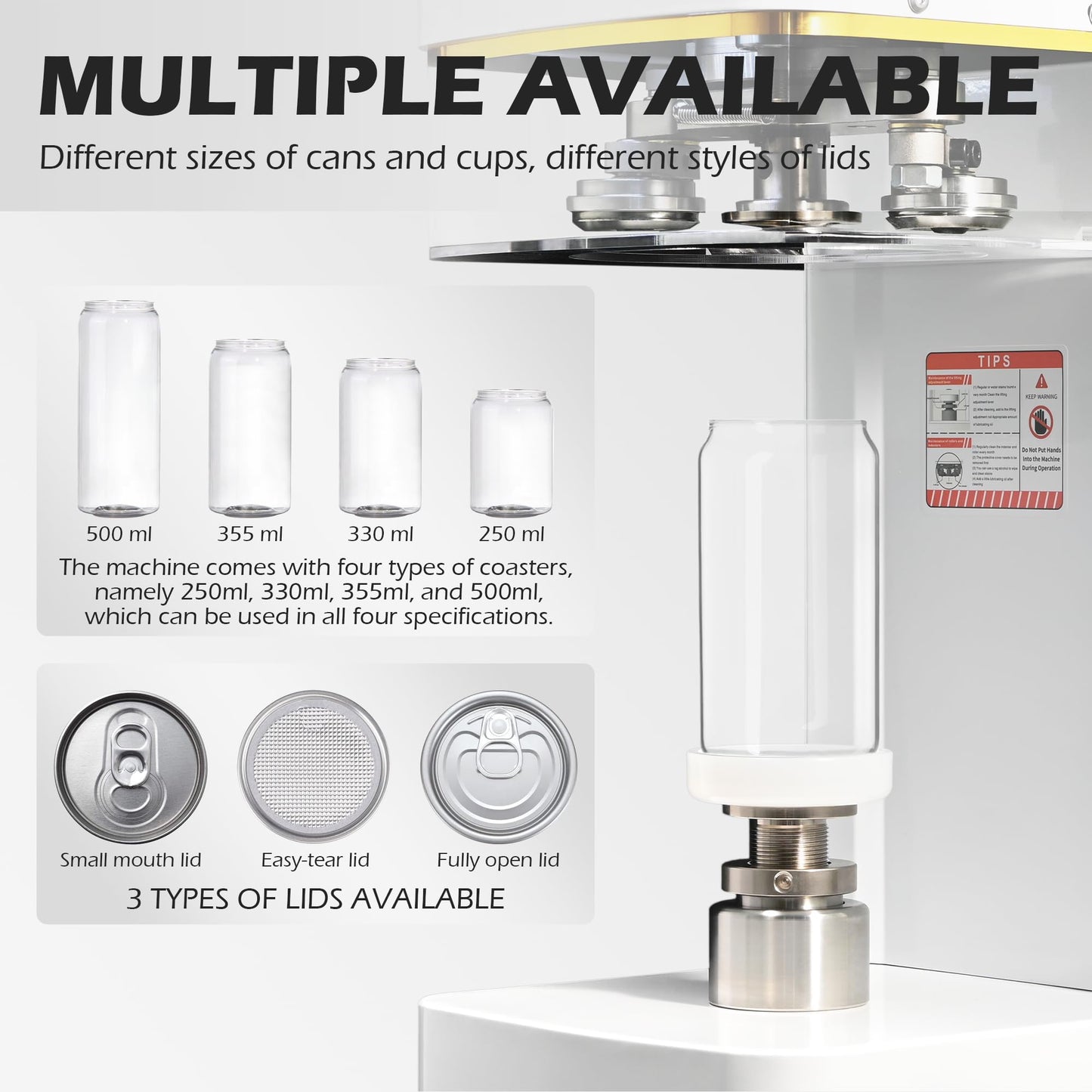 Fully Automatic Can Sealer Machine, 140W Commercial Automatic Cup Sealing Machine, Glass Plastic Tin Can Cup Can Sealer with Counter, Dia. 2.17”, Height 3.62” & 4.53” & 4.8” & 6.61”, 110V