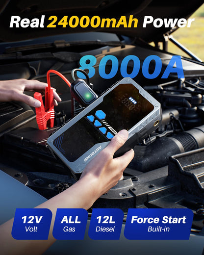 AUTOONE JWA2 Jump Starter with Air Compressor (All Gas/12L Diesel), 150PSI Car Jumper Starter Portable, Jump Box Tire Inflator with LED Flashlight, LCD Display, Storage Case