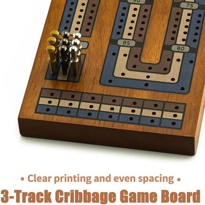 Wooden Cribbage Board Game Set Travel Cribbage Board with Storage and Collapsible with Magnetic Lock / 9 Metal Pegs/Full Deck of Cards Family Board Games for Adults