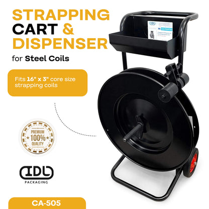 IDL Packaging CA-505 Heavy-Duty Strapping Cart & Dispenser for Steel Strapping Coils with 16" x 3" Core Size - Advanced Roller Brake System - Built-in Tray for Strapping Tools, Seals, and Gloves