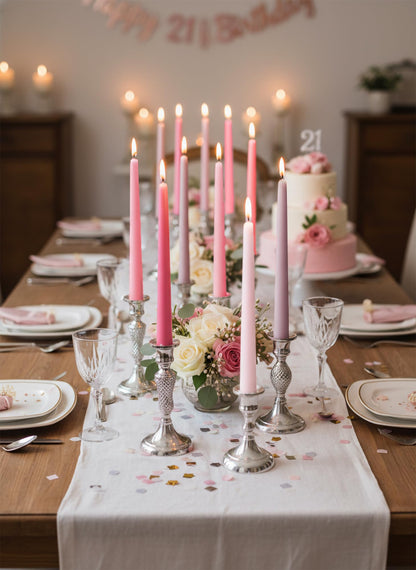 Homeology 12pk 10" Classic Taper Candles, Muted Pink Shades, 7-8 Hours Long Burning, Unscented Tall Candlesticks
