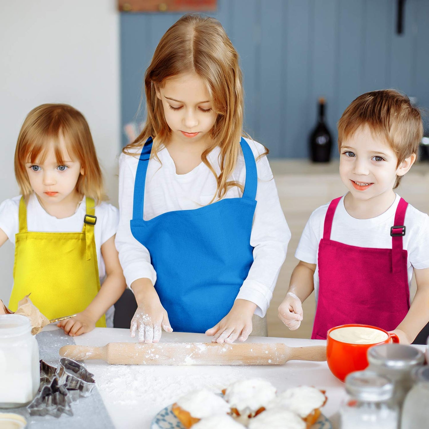 Syhood 6 Pieces Kids Apron with Pocket Adjustable Children Chef Apron for Baking Painting Cooking (Fresh Color, Large)