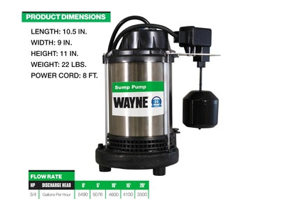 Wayne 3/4 HP Heavy Duty Submerisble Cast Iron and Stainless Steel Sump Pump with NEW Switch - Removes up to 5,490 Gallons of Water Per Hour