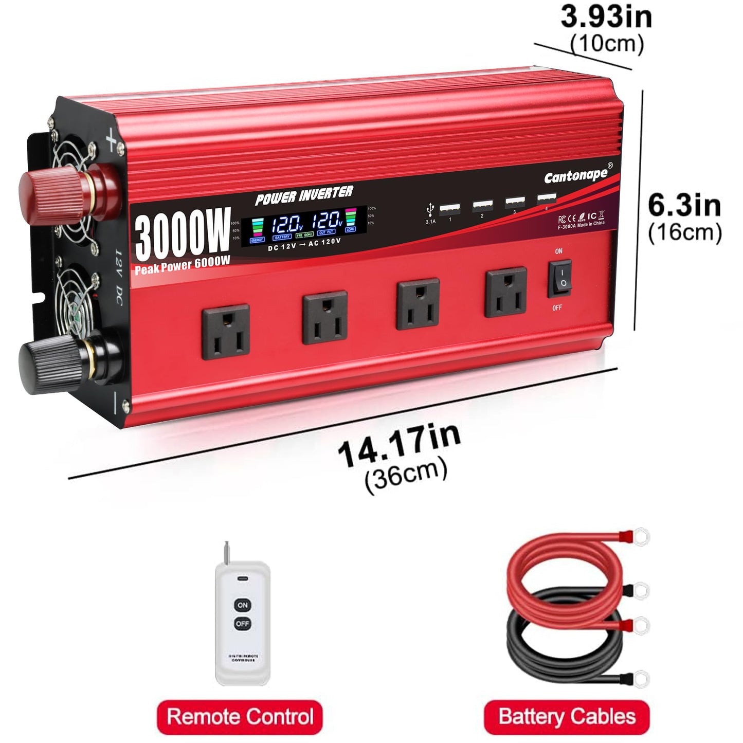 Cantonape 3000W Power Inverter 12V to 110V/120V DC to AC with LCD Display, Remote Controller 4 x AC Outlets and 4 x 3.1A USB Car Adapter for Car Truck Boat RV Solar System