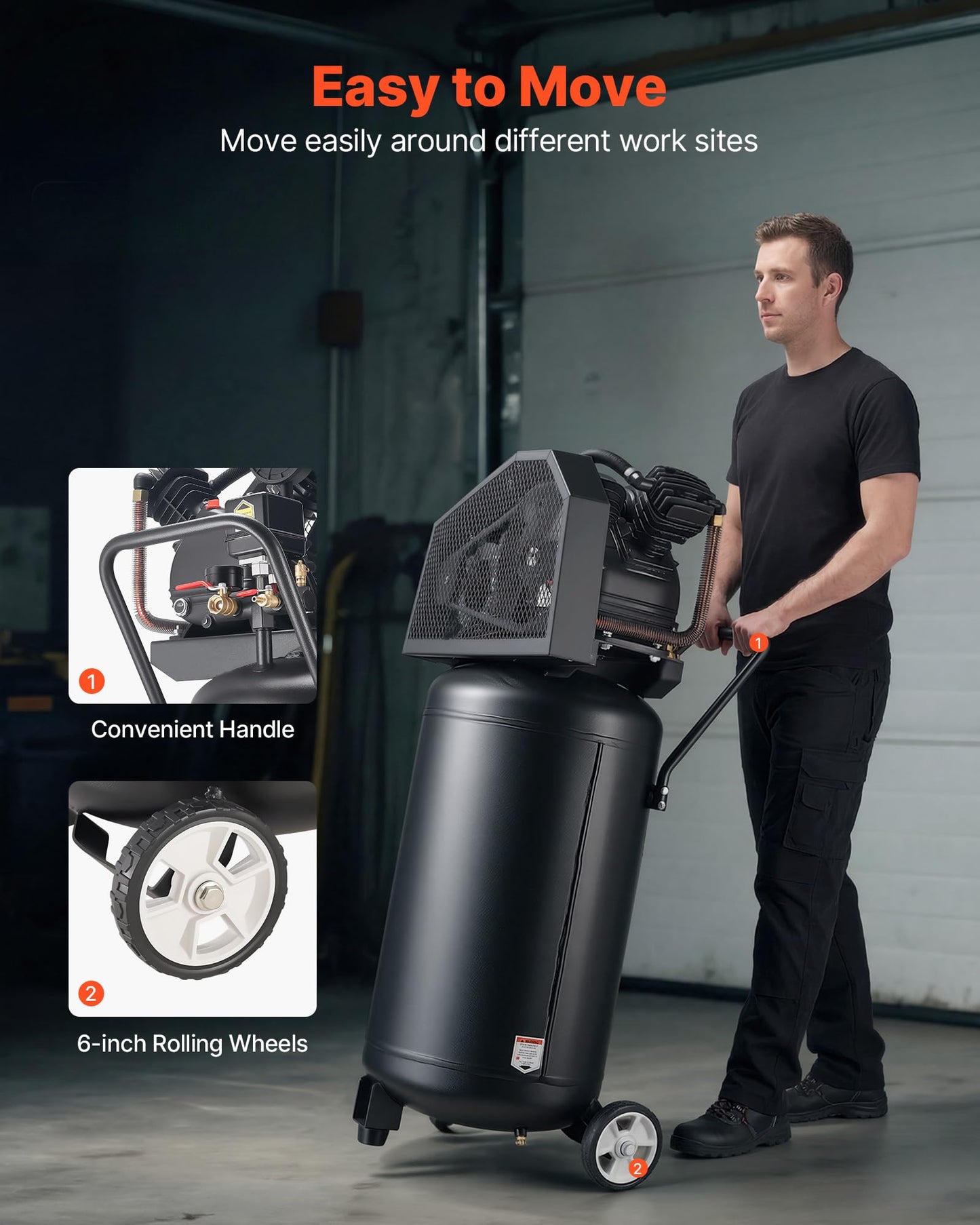 VEVOR 25-Gallon Air Compressor, 2HP 5.5 SCFM at 90PSI, Max 200PSI Pressure Oil-Lubricated Air Compressor Tank, Portable on Wheels for Auto Repair, Tire Inflation, Spray Painting, Woodwork Nailing 120V