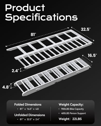 KOLOTOOL 81" Aluminum Motorcycle Loading Ramp with Walking Steps, 32.5" Wide Heavy Duty Folding Ramp for Trucks & Trailers, 900 lbs Bike Capacity & 400 lbs Person Support, Portable Loading Equipment