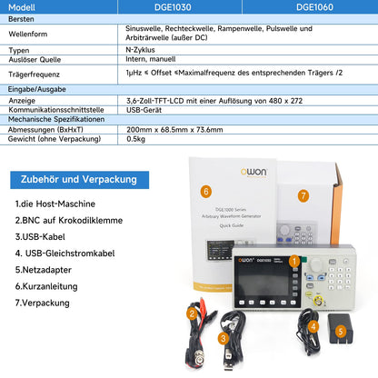 OWON Waveform Generator,30MHz Bandwidth, 125MSa/s Sampling Rate, 14 bits Vertical Resolution, 8K Waveform Length,5 Basic Waveforms, and 160 built-in Arbitrary Waveforms, with 3.6IN LCD Display DGE1030