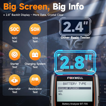 FOXWELL BT705 Car Battery Tester 24V 12V, Professional Alternator Tester, Automotive 100-2000CCA Load Tester, Digital Cranking Charging System Analyzer with High Accuracy for Trucks, RVs & Boats