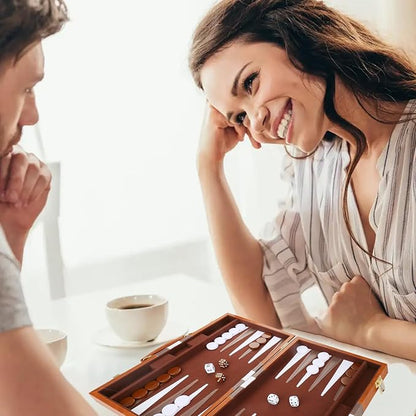 Backgammon Set - Classic Board Game with Premium Leather Case - Portable Travel Strategy Backgammon Game Set for Adults Kids (18inch Brown)