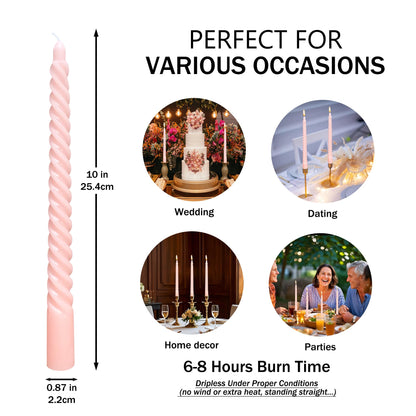 10 Inch Champagne Pink Spiral Taper Candle Set, 10 Pack Unscented Dripless Candlesticks for Celebrations Festival and Dinner Party Wedding Home Decor