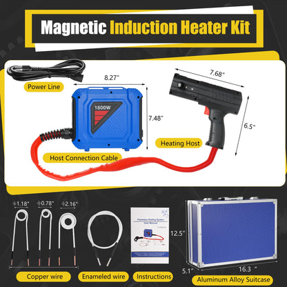 Magnetic Induction Heater Kit, 1800W Induction Heating Bolt Removal, Lightweight Induction Bolt Buster for Rusty Screw Removal with 4 Coils And Storage Box, Single Handed Operation, 8S Heating Up