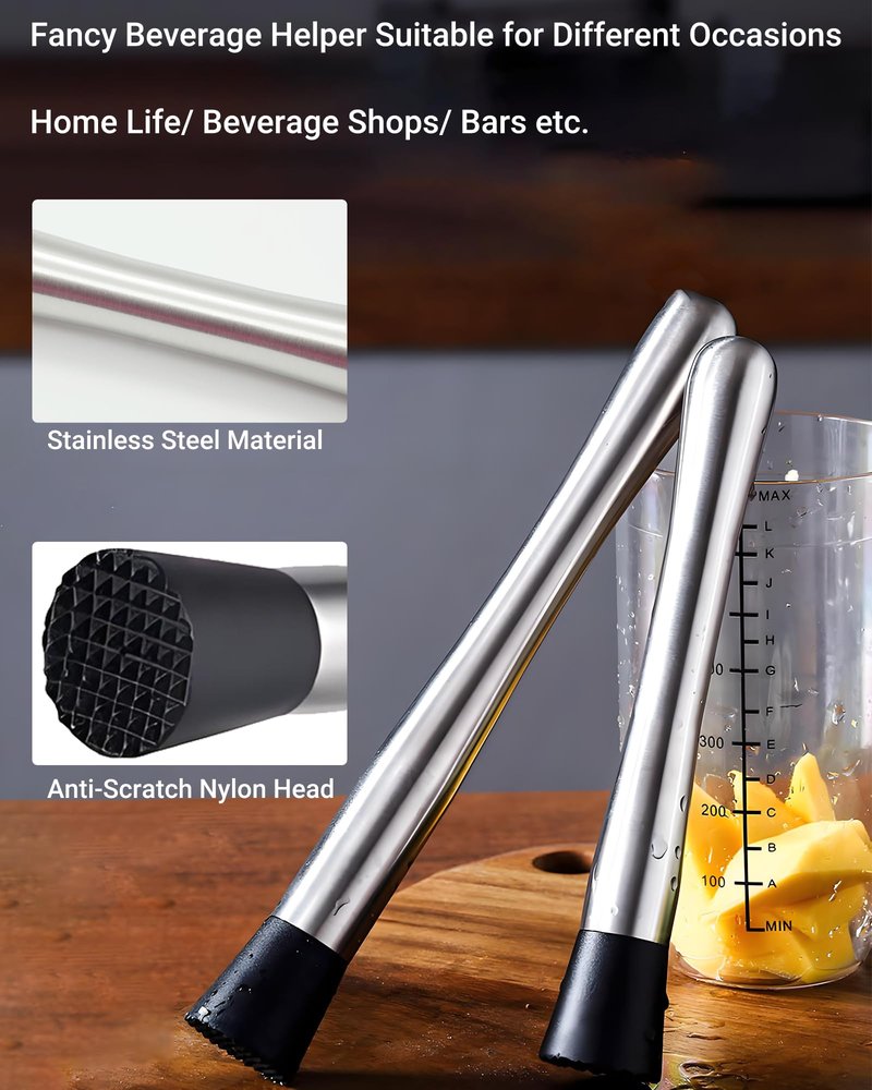 Stainless Steel Cocktail Muddler & Mixing Spoon Set — 10 Inch Bar Tool Kit for Home Bartenders, Ideal for Mojitos, Margaritas, Mint & Fruit Cocktails, Silver