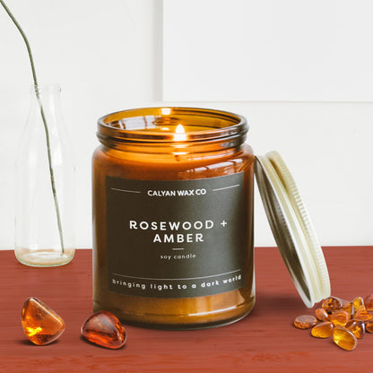 Calyan Wax Co. Rosewood & Amber Scented Candle - 57 Hour Burn - Luxury Clean Soy Wax Candles - Long Lasting Amber Glass Jar Candle for Home - 7.2oz