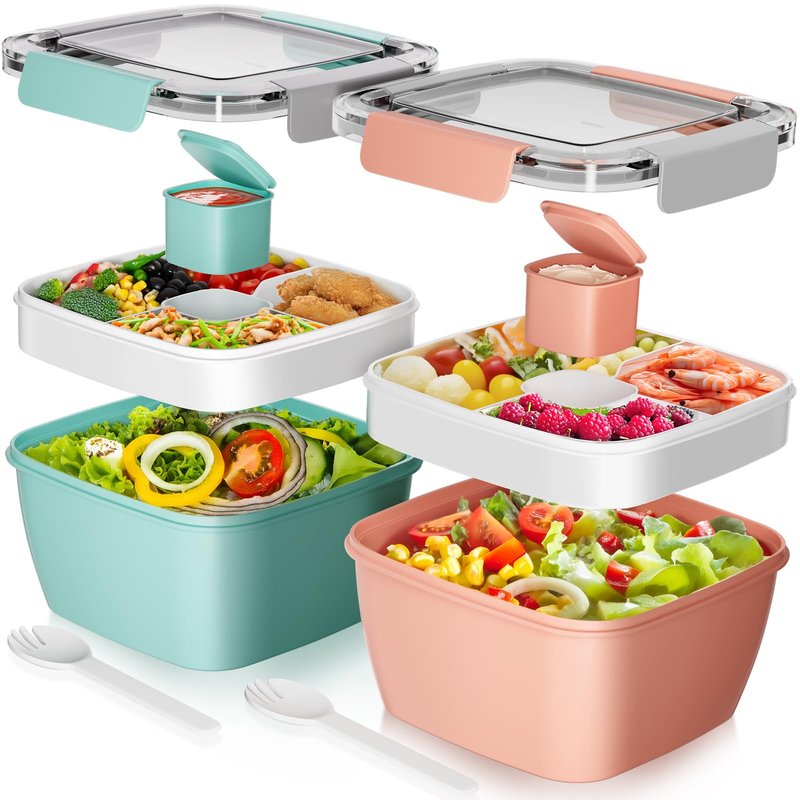 Cherrysea Salad Lunch Container, Salad Bowls with 3 Compartments Tray,Leak Proof Lunch Box with Fork for Men,Women BPA-Free Snack Container with Sauce Container for Dressings-Pink
