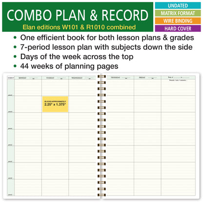 Elan Publishing Company HARDCOVER Combination Plan and Record Book: One efficient 8.5" x 11" Book for Lesson Plans and Grades Combines W101 and R1010 with Bonus Clip-in Bookmark (Rainbow Gold Marble)