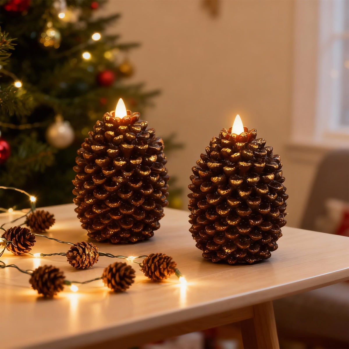 Eldnacele Pine Cone Flameless Candles Battery Operated with 6 Hour Timer Unscented Real Wax Flat Wick Flickering Pinecone LED Candles Christmas Home Holiday Decoration(2 Pack Brown)