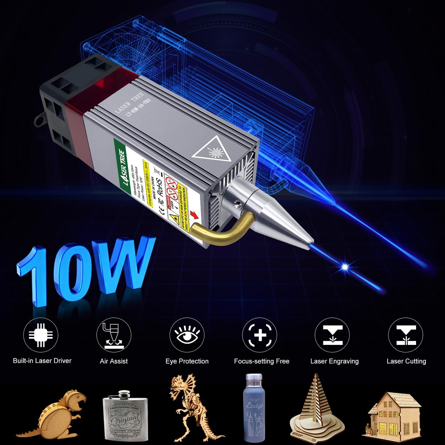 LASER TREE Laser Engraving Module, 10000mW(10W) Output Module with Air Assist System, Built-in FAC, Compressed Spot CNC Carving DIY Laser Master for Laser Cutter Engraving Machine Class 4, 12V